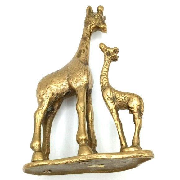 Vintage Brass Giraffe Figurine Mom and Baby 7" Mid Century Animal Sculpture - Picture 1 of 16